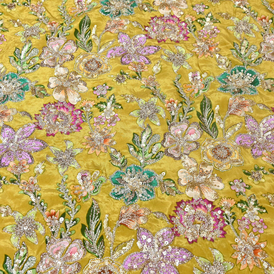 Multi Color Crape Position Print Fabric with Zari Sequins Embroidery- V12515C-02