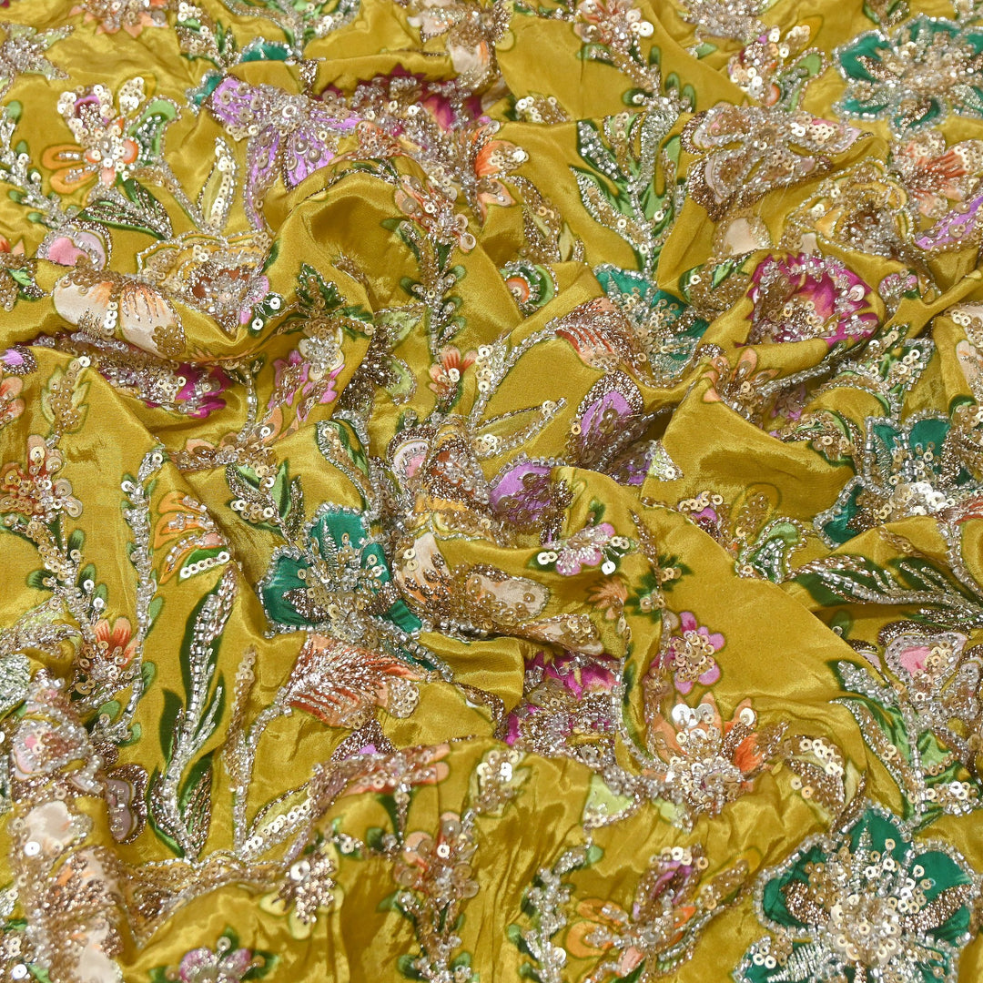 Multi Color Crape Position Print Fabric with Zari Sequins Embroidery- V12515C-02