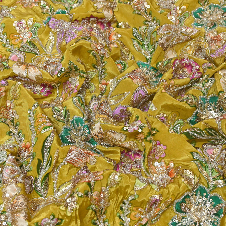 Multi Color Crape Position Print Fabric with Zari Sequins Embroidery- V12515C-02
