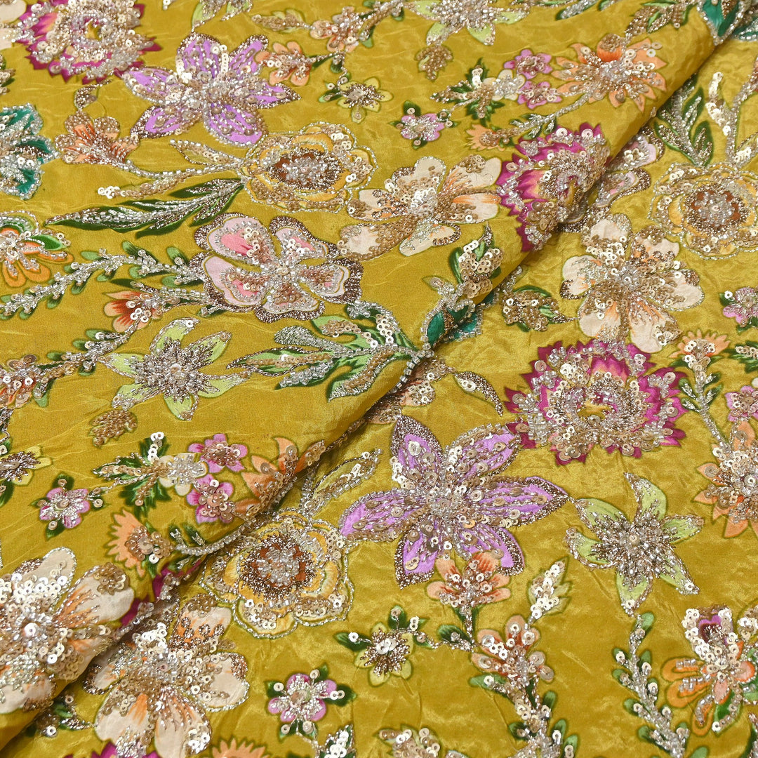 Multi Color Crape Position Print Fabric with Zari Sequins Embroidery- V12515C-02