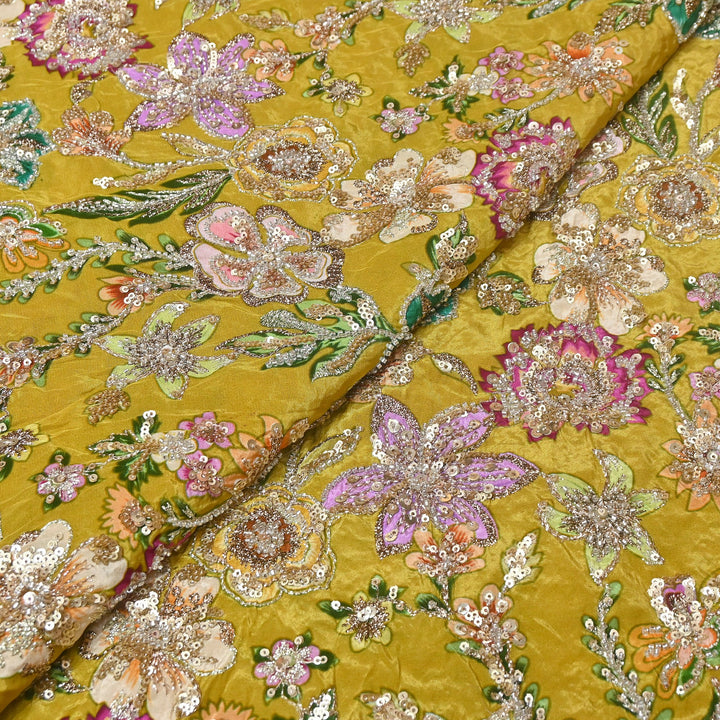 Multi Color Crape Position Print Fabric with Zari Sequins Embroidery- V12515C-02