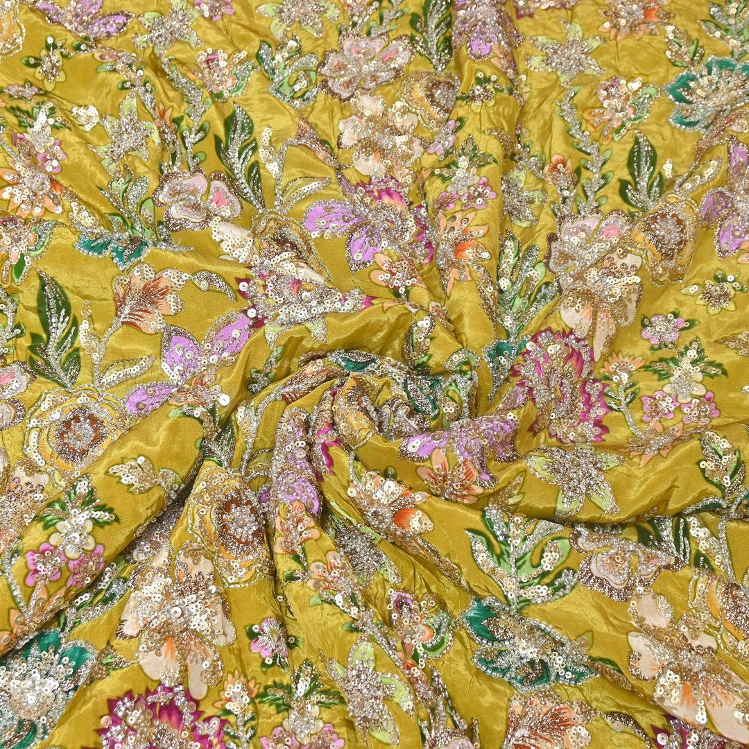 Multi Color Crape Position Print Fabric with Zari Sequins Embroidery- V12515C-02