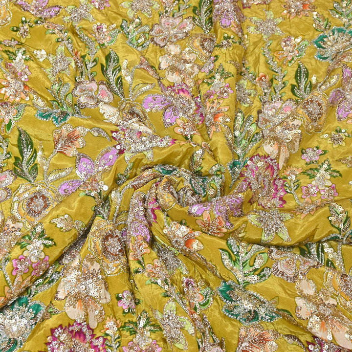 Multi Color Crape Position Print Fabric with Zari Sequins Embroidery- V12515C-02