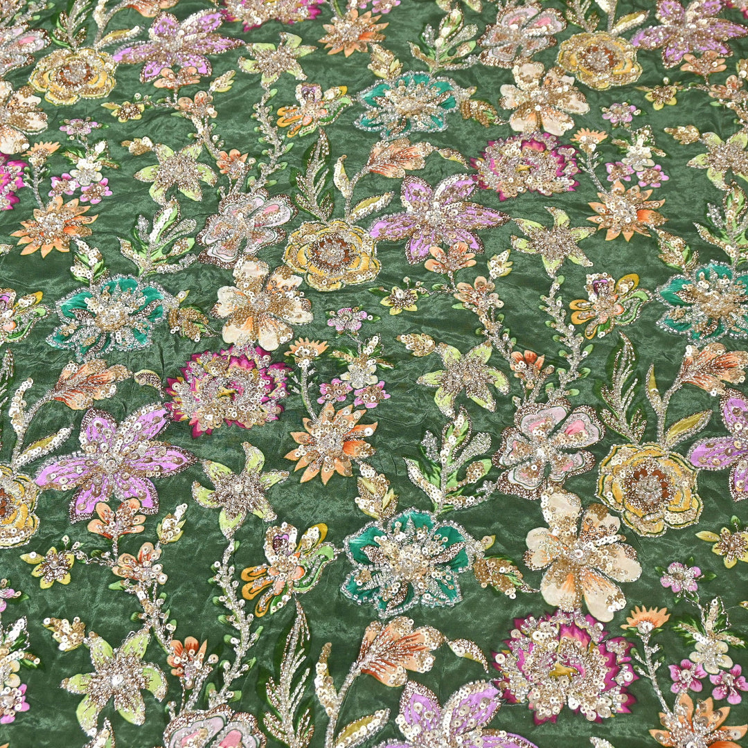 Multi Color Crape Position Print Fabric with Zari Sequins Embroidery- V12515C-03