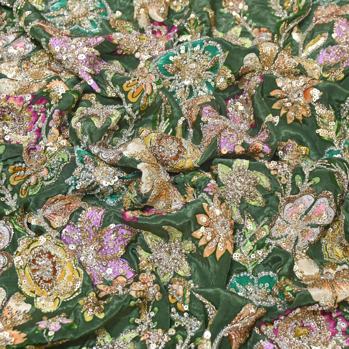 Multi Color Crape Position Print Fabric with Zari Sequins Embroidery- V12515C-03