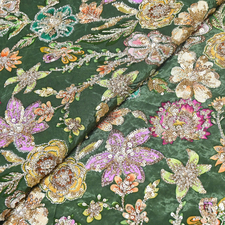 Multi Color Crape Position Print Fabric with Zari Sequins Embroidery- V12515C-03