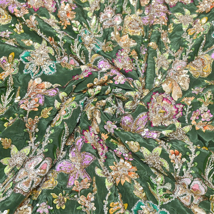 Multi Color Crape Position Print Fabric with Zari Sequins Embroidery- V12515C-03