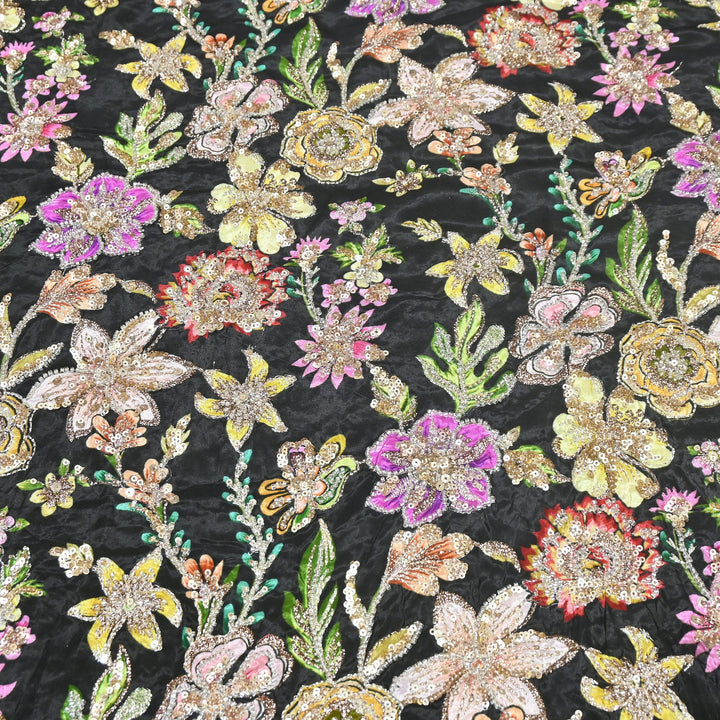 Multi Color Crape Position Print Fabric with Zari Sequins Embroidery- V12515C-04