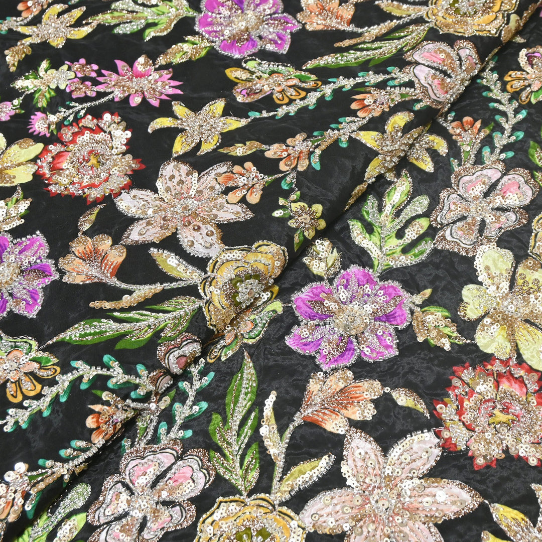 Multi Color Crape Position Print Fabric with Zari Sequins Embroidery- V12515C-04