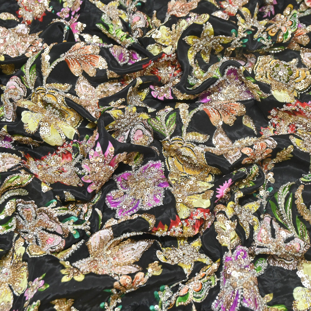 Multi Color Crape Position Print Fabric with Zari Sequins Embroidery- V12515C-04