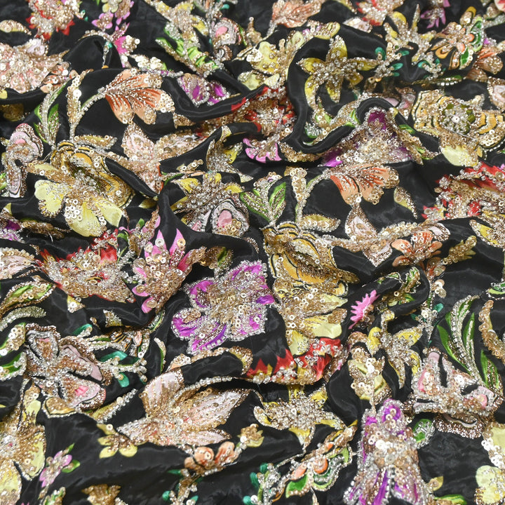 Multi Color Crape Position Print Fabric with Zari Sequins Embroidery- V12515C-04