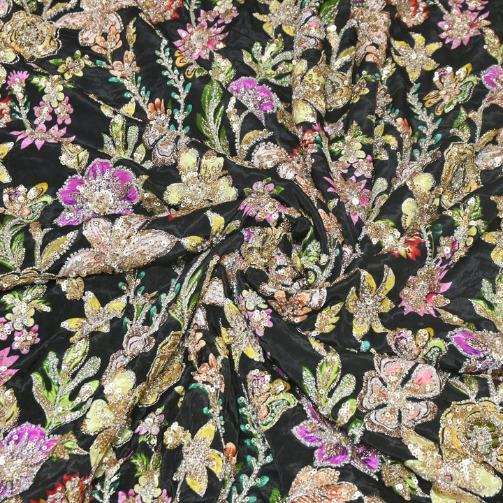 Multi Color Crape Position Print Fabric with Zari Sequins Embroidery- V12515C-04