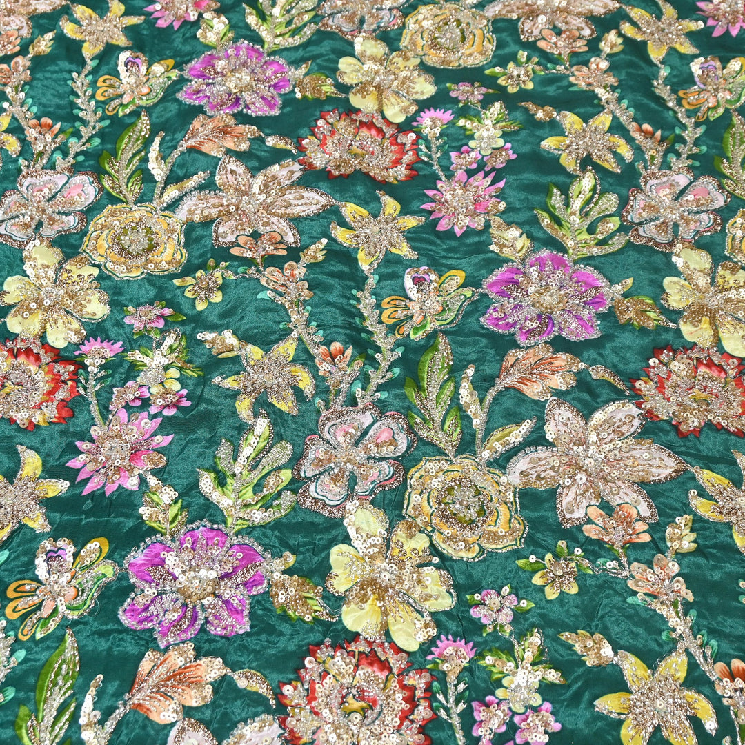 Multi Color Crape Position Print Fabric with Zari Sequins Embroidery- V12515C-05