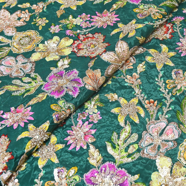 Multi Color Crape Position Print Fabric with Zari Sequins Embroidery- V12515C-05