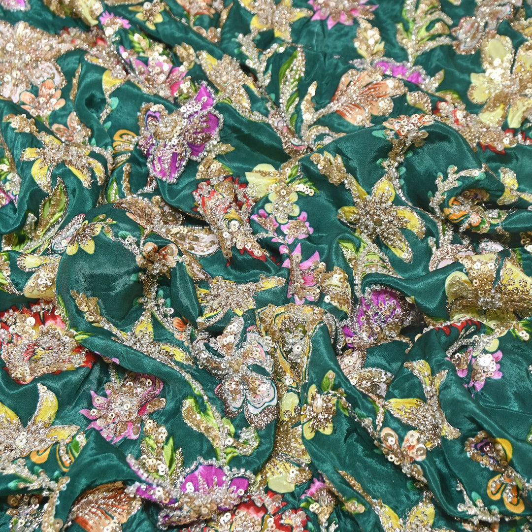 Multi Color Crape Position Print Fabric with Zari Sequins Embroidery- V12515C-05