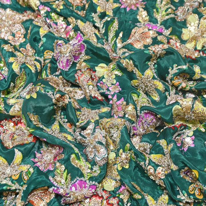 Multi Color Crape Position Print Fabric with Zari Sequins Embroidery- V12515C-05