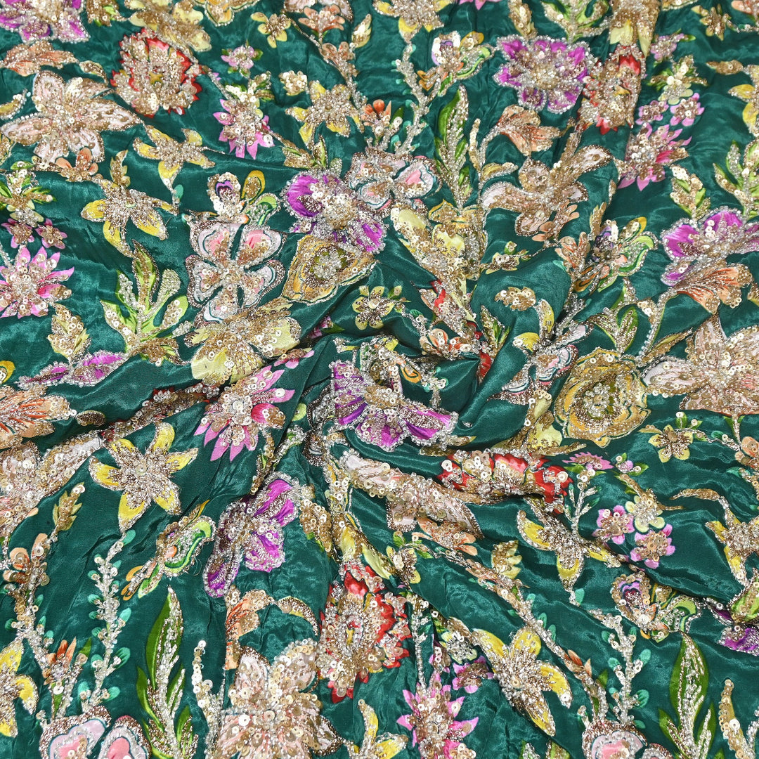 Multi Color Crape Position Print Fabric with Zari Sequins Embroidery- V12515C-05