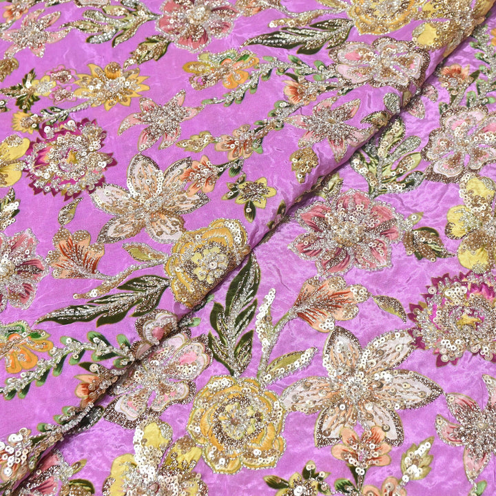 Multi Color Crape Position Print Fabric with Zari Sequins Embroidery- V12515C-06
