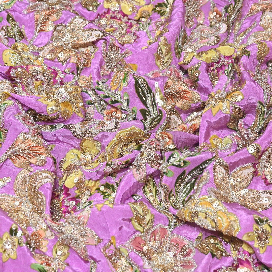 Multi Color Crape Position Print Fabric with Zari Sequins Embroidery- V12515C-06