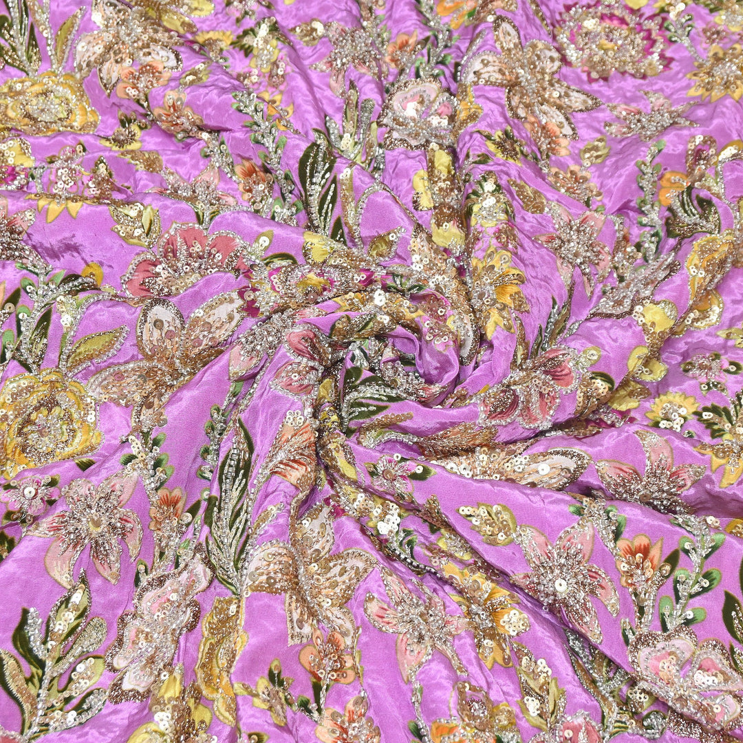 Multi Color Crape Position Print Fabric with Zari Sequins Embroidery- V12515C-06