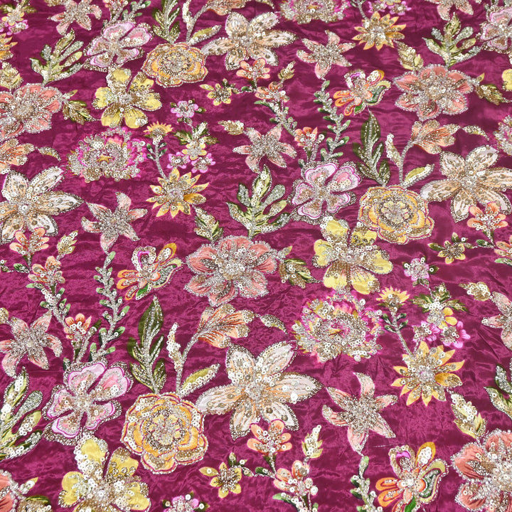 Multi Color Crape Position Print Fabric with Zari Sequins Embroidery- V12515C-07