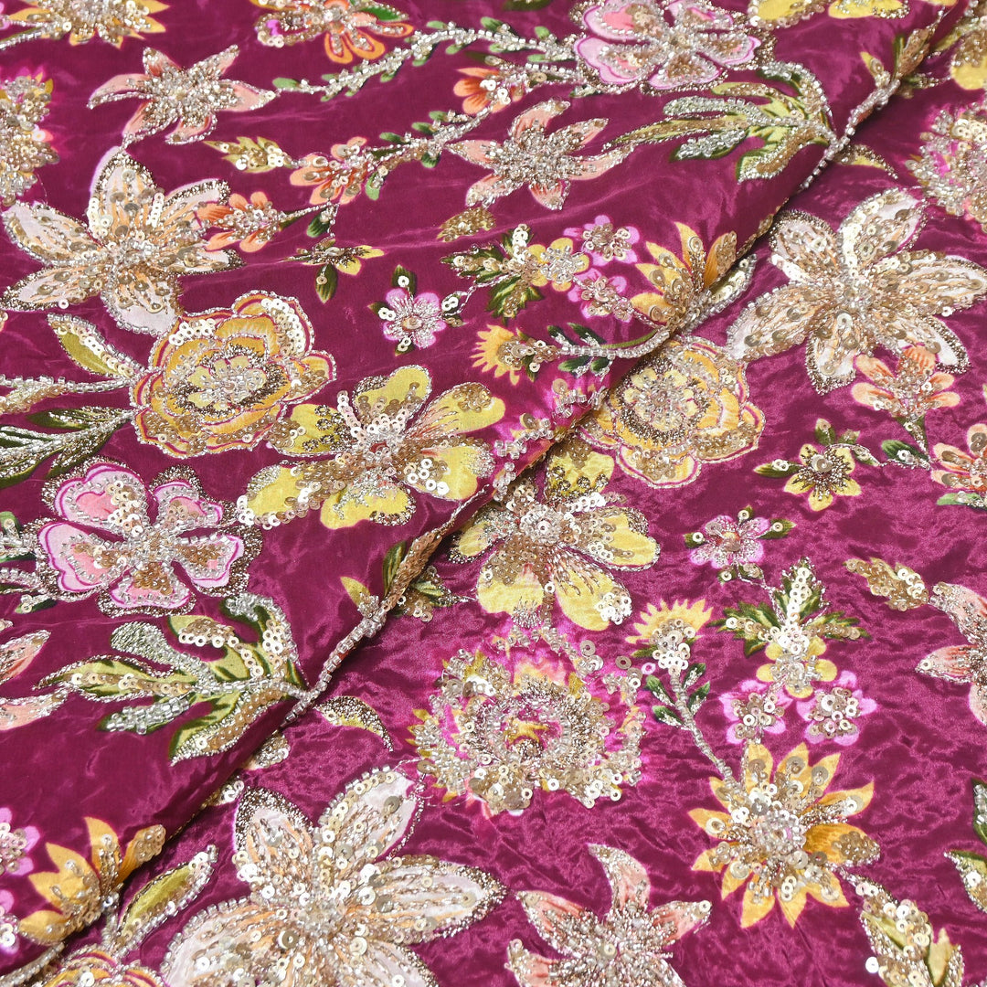 Multi Color Crape Position Print Fabric with Zari Sequins Embroidery- V12515C-07