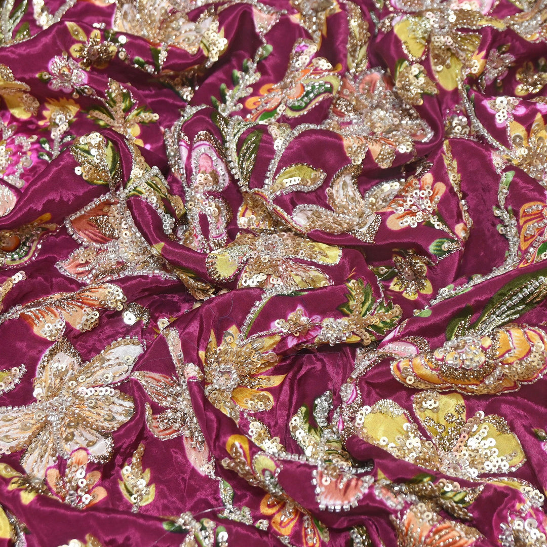 Multi Color Crape Position Print Fabric with Zari Sequins Embroidery- V12515C-07