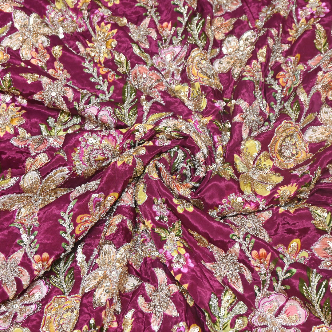Multi Color Crape Position Print Fabric with Zari Sequins Embroidery- V12515C-07