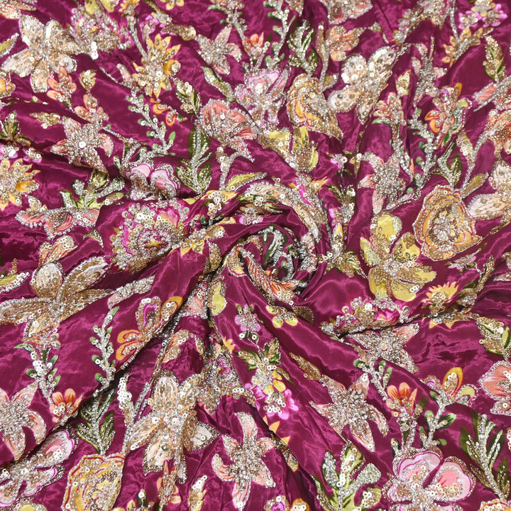 Multi Color Crape Position Print Fabric with Zari Sequins Embroidery- V12515C-07