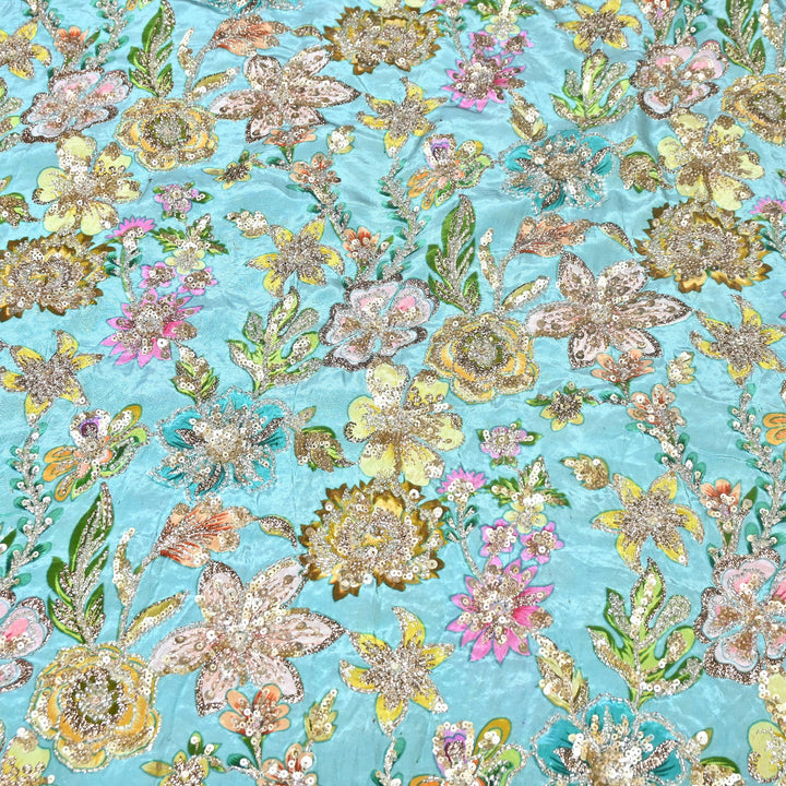 Multi Color Crape Position Print Fabric with Zari Sequins Embroidery- V12515C-08