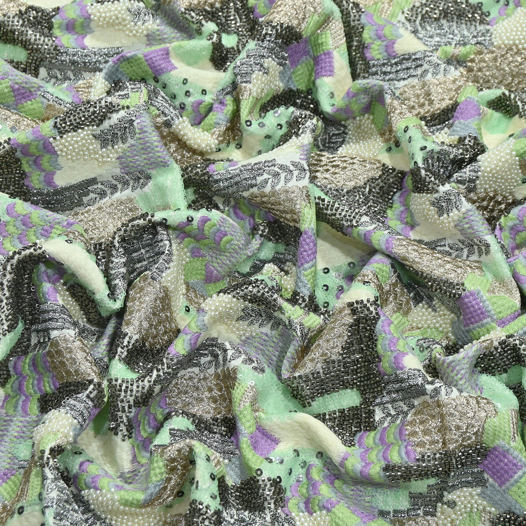 Rose Silk Zari Moti & Sequins Embroidery Fabric | RSM497-03