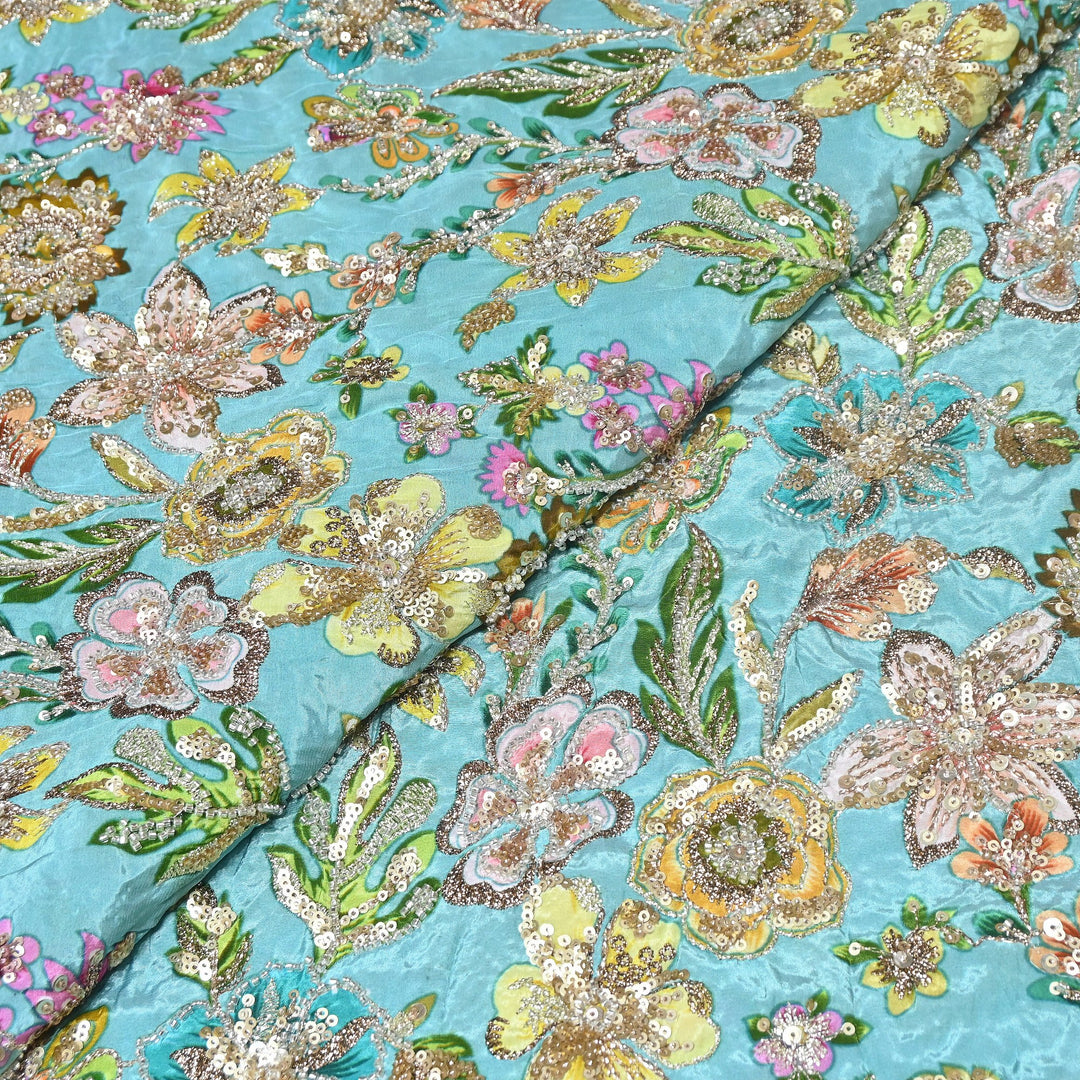 Multi Color Crape Position Print Fabric with Zari Sequins Embroidery- V12515C-08