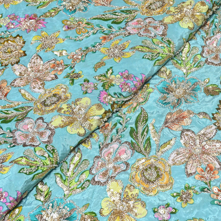 Multi Color Crape Position Print Fabric with Zari Sequins Embroidery- V12515C-08