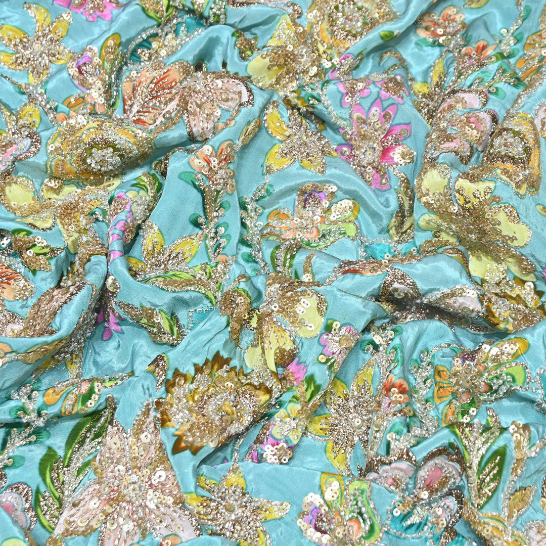 Multi Color Crape Position Print Fabric with Zari Sequins Embroidery- V12515C-08