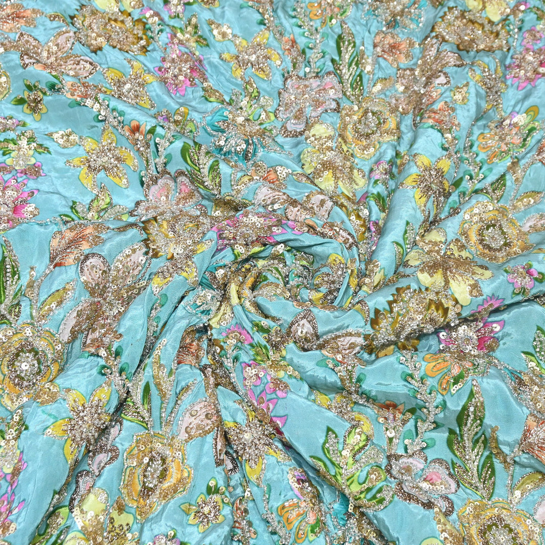 Multi Color Crape Position Print Fabric with Zari Sequins Embroidery- V12515C-08