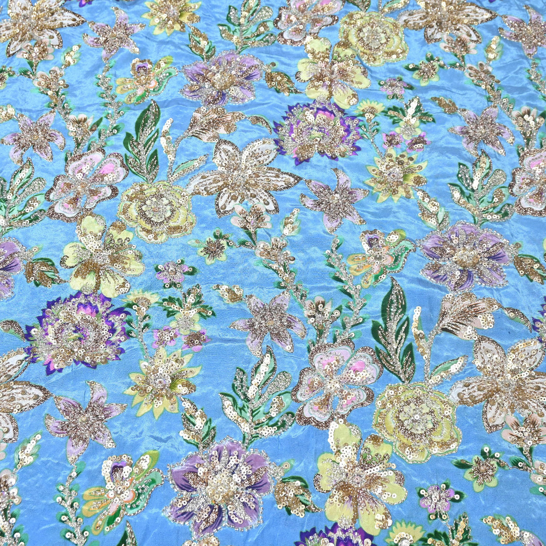Multi Color Crape Position Print Fabric with Zari Sequins Embroidery- V12515C-09