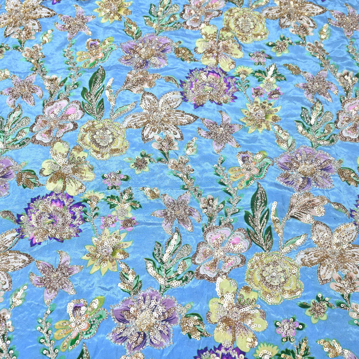 Multi Color Crape Position Print Fabric with Zari Sequins Embroidery- V12515C-09