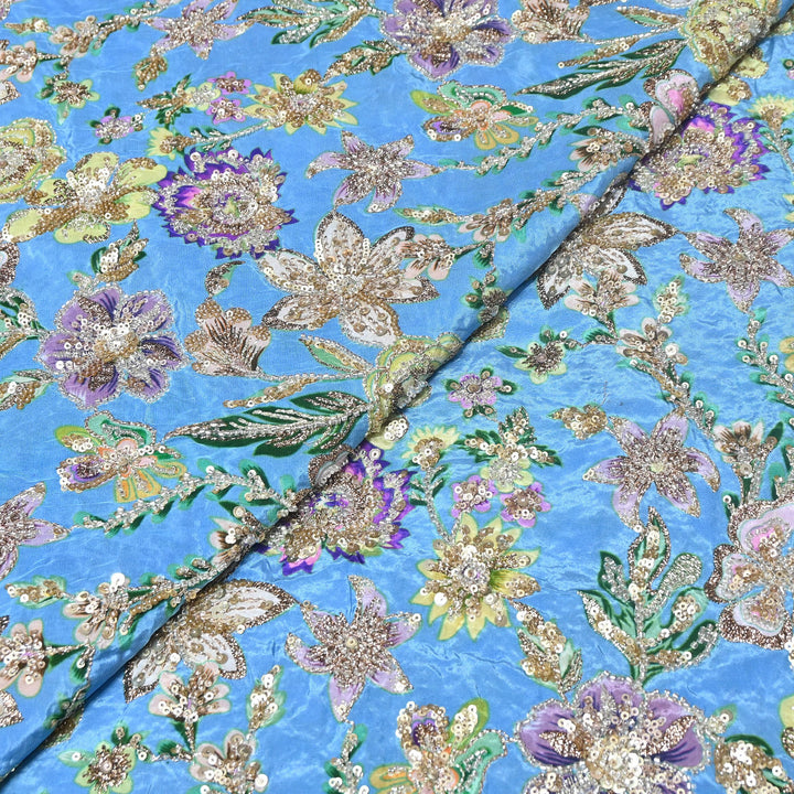 Multi Color Crape Position Print Fabric with Zari Sequins Embroidery- V12515C-09