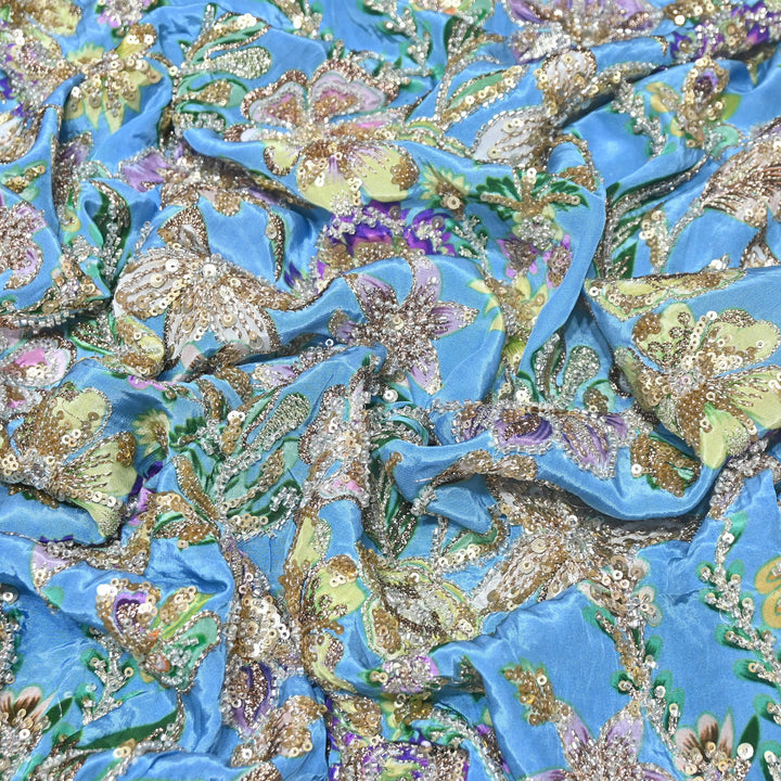 Multi Color Crape Position Print Fabric with Zari Sequins Embroidery- V12515C-09