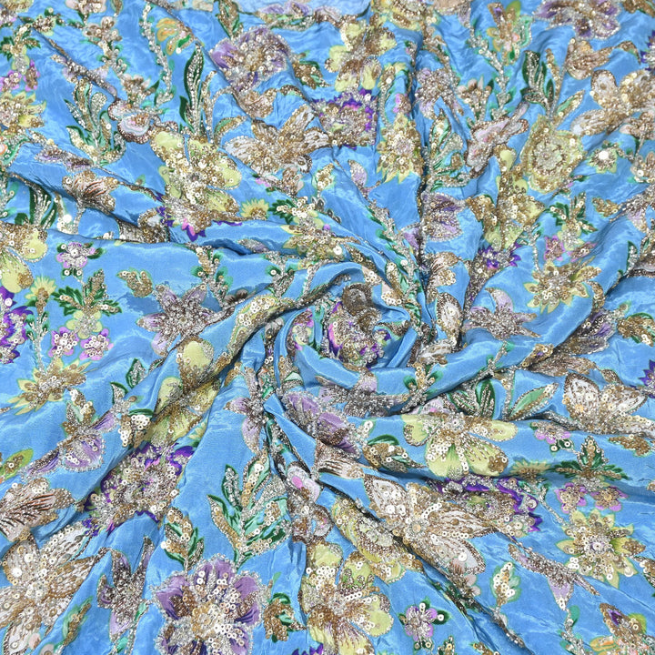 Multi Color Crape Position Print Fabric with Zari Sequins Embroidery- V12515C-09
