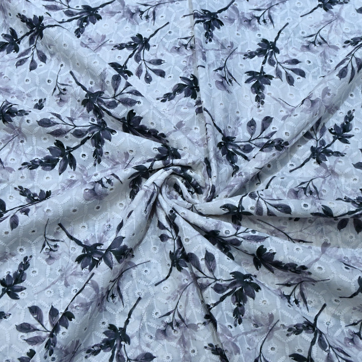 Multi Color Cotton Chikan Digital Print Cutwork Embroidery Fabric