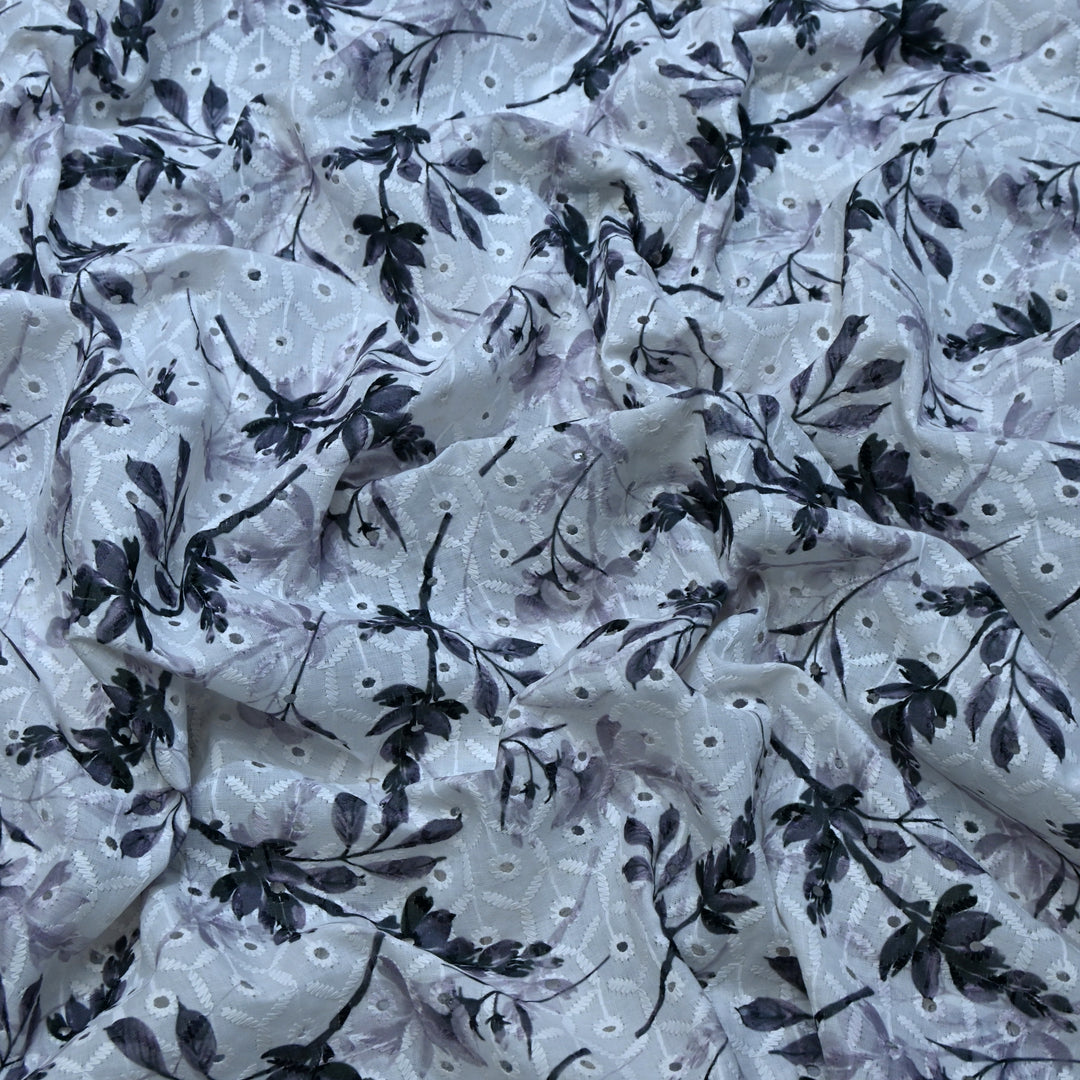 Multi Color Cotton Chikan Digital Print Cutwork Embroidery Fabric