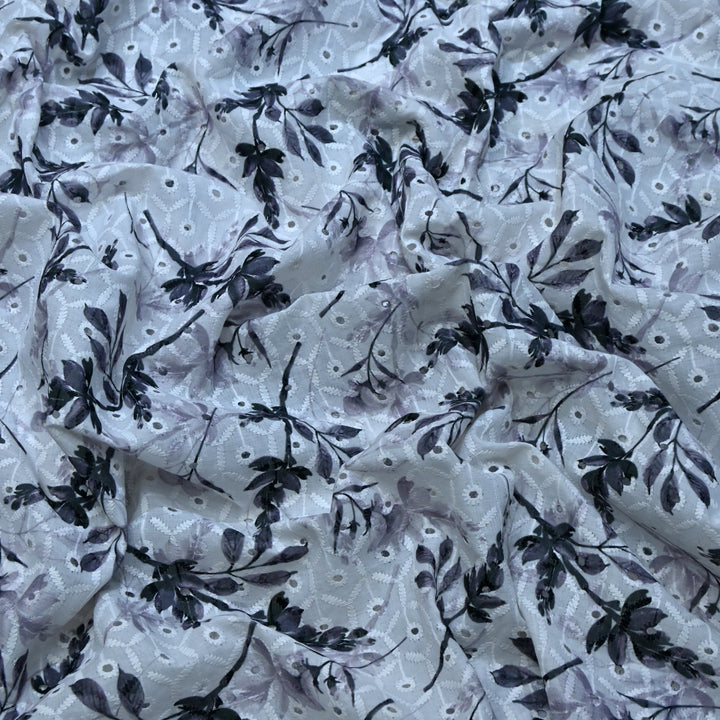 Multi Color Cotton Chikan Digital Print Cutwork Embroidery Fabric