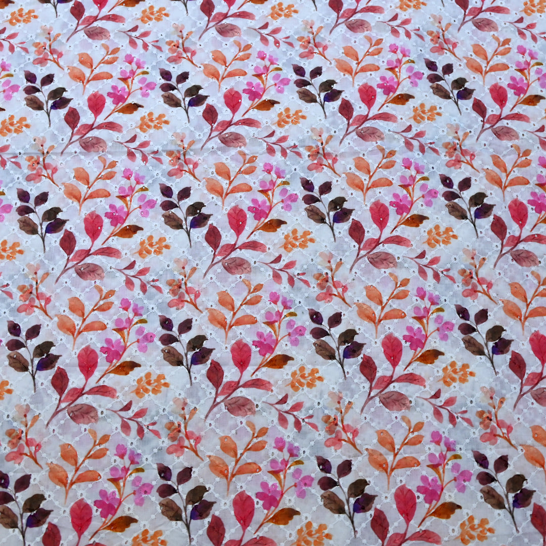 Multi Color Cotton Chikan Digital Print Cutwork Embroidery Fabric