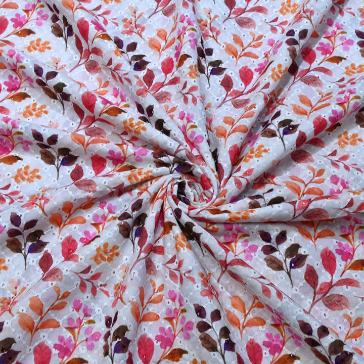 Multi Color Cotton Chikan Digital Print Cutwork Embroidery Fabric