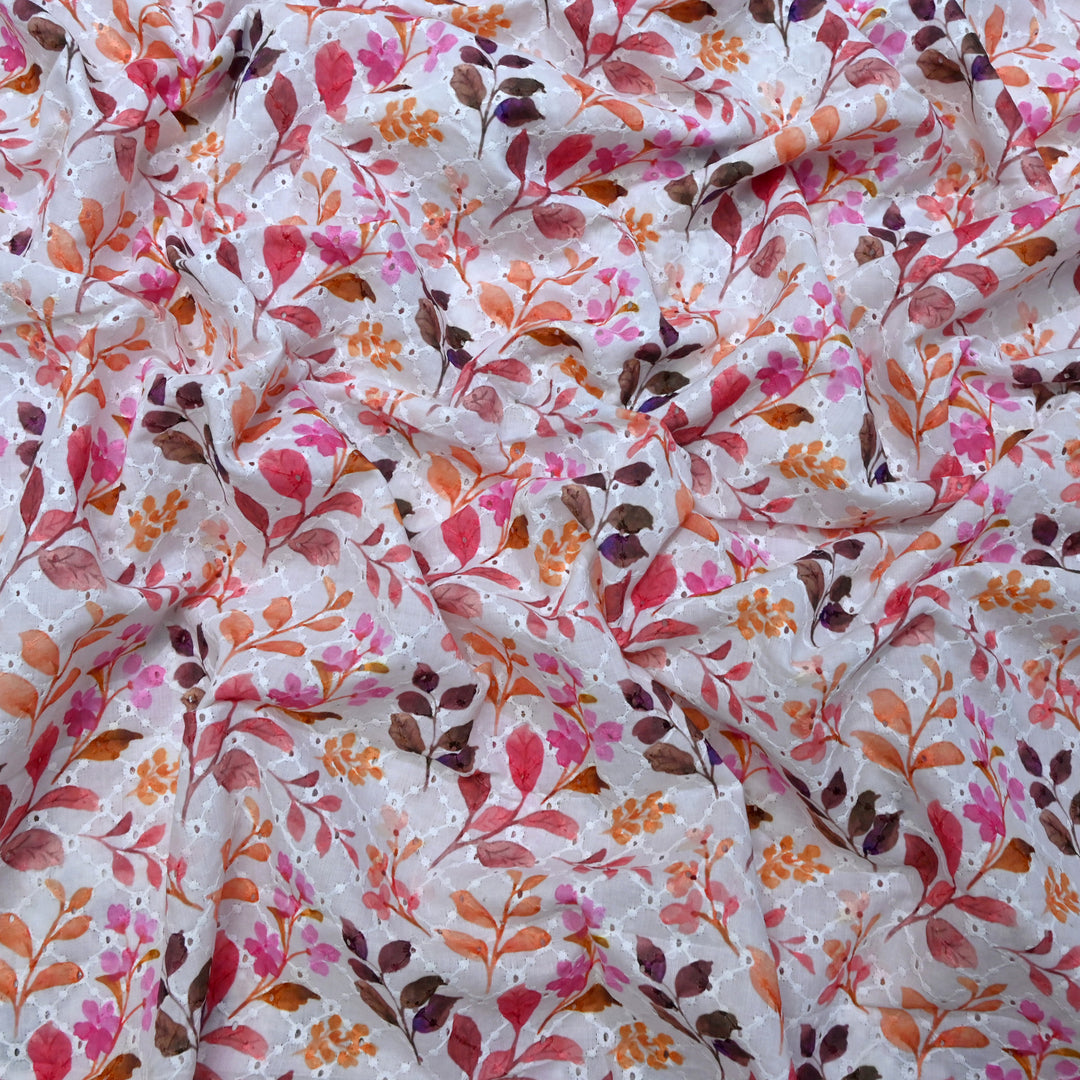 Multi Color Cotton Chikan Digital Print Cutwork Embroidery Fabric