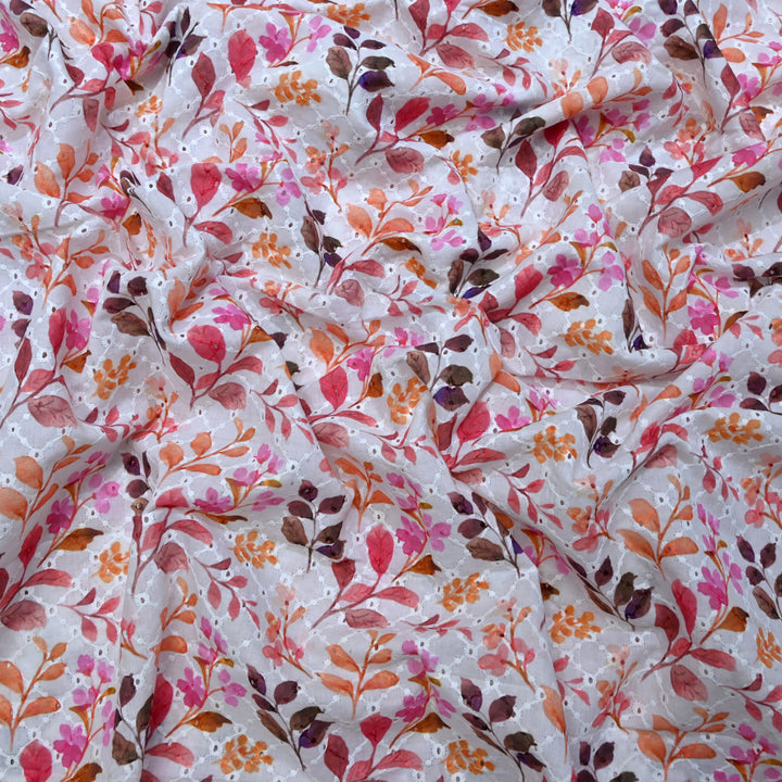 Multi Color Cotton Chikan Digital Print Cutwork Embroidery Fabric