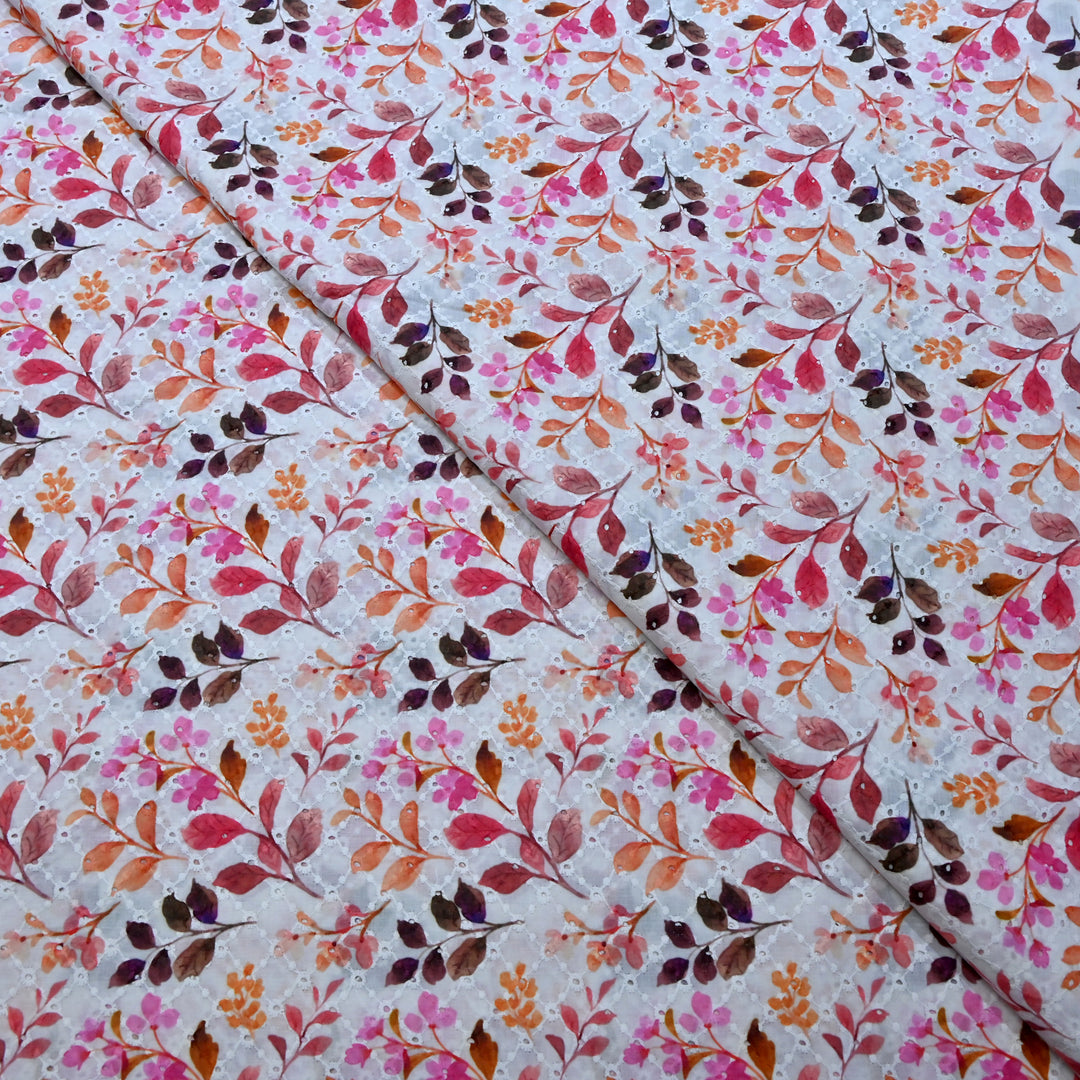 Multi Color Cotton Chikan Digital Print Cutwork Embroidery Fabric