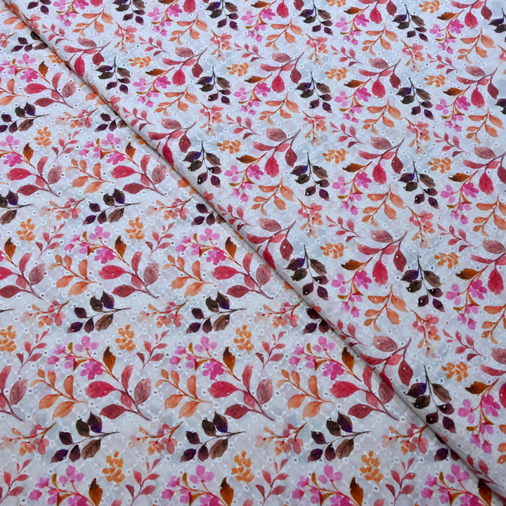 Multi Color Cotton Chikan Digital Print Cutwork Embroidery Fabric