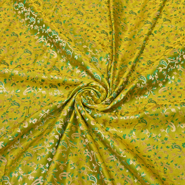 Yellow-Green Satin Jamdani Brocade Fabric